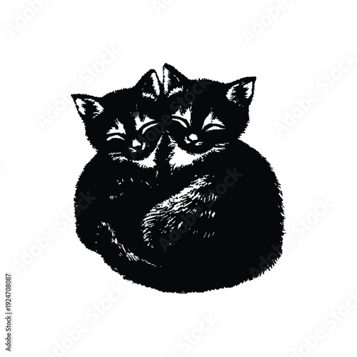 Black and white retro vintage illustration of two cute little cats hugging, curled up bodies hand drawn style vector art