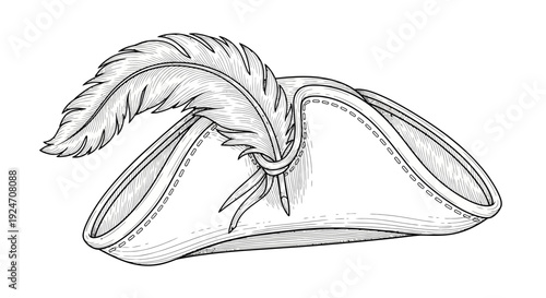 Tricorn Hat with Feather - Vintage Military Style Headwear Sketch