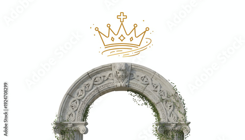 Ancient Stone Archway with Golden Crown Symbol and Greenery