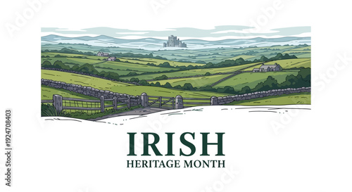 Illustration of a serene Irish landscape with rolling green hills and a wooden fence, celebrating Irish Heritage Month with a strong sense of Celtic heritage and Gaelic roots.