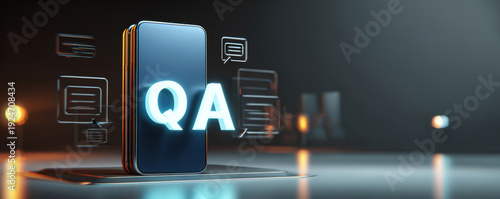 Modern smartphone qa question answer mobile app chat bubble technology neon light dark background digital interface glow effect Modern smartphone