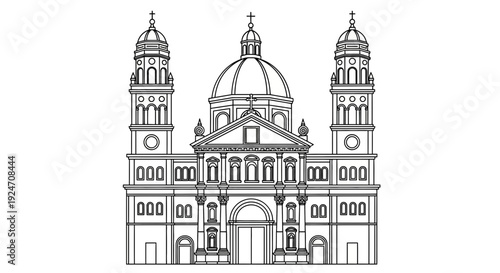 Architectural Drawing of a Grand Cathedral with Domes and Towers