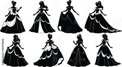 Beautiful princess silhouette collection, royal girls wearing elegant ball gowns and tiaras, fairy tale vector characters isolated, 18 words