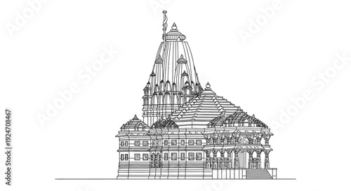 Architectural Sketch of a Traditional Indian Temple with Intricate Details