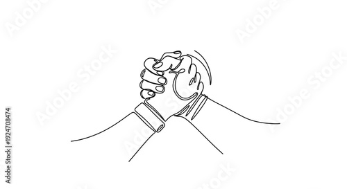 Arm Wrestling, Handshake, Partnership, Teamwork, Strength, Competition, Victory, Business concept, Single line drawing