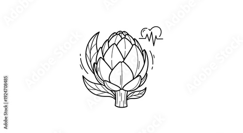 Artichoke with Heartbeat Line, Healthy Food Concept, Outline Drawing