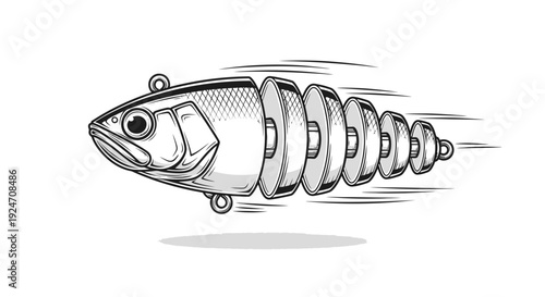 Artistic Illustration of a Segmented Fishing Lure in Motion, Black and White