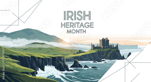 Illustration of a scenic Irish landscape with a castle on a cliffside, celebrating Irish Heritage Month with a vector graphic design.