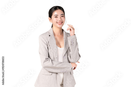 Beautiful young asian businesswoman standing confident with wearing suit on transparent background, PNG portrait studio.