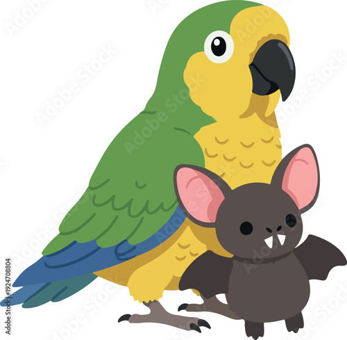 Cute Green Yellow Parrot And Bat Isolated Object Flat Design