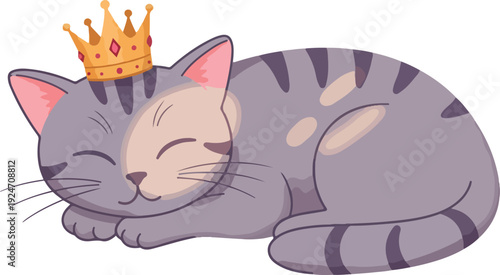 Cute Grey Tabby Cat Sleeping Wearing Golden Crown Pixel Art Isolated