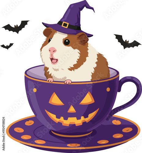 Cute Guinea Pig Halloween Witch Hat in Purple Jack O Lantern Cup