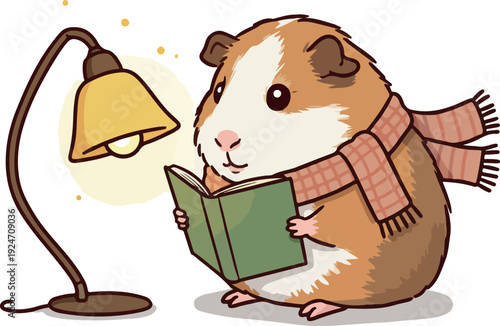 Cute Guinea Pig Reading Book Under Lamp Wearing Scarf Isolated White Background