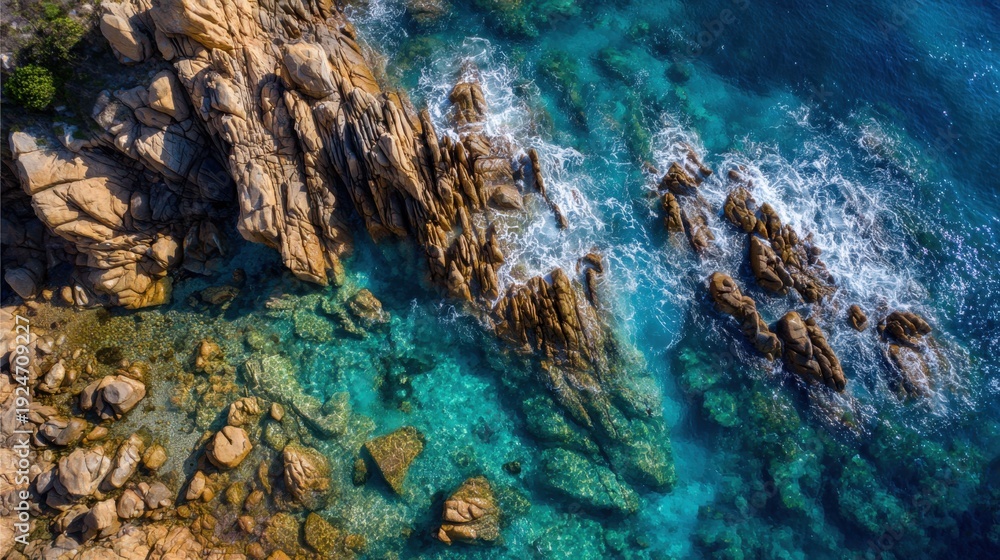 Fototapeta premium Top down aerial view of rugged coastal rocks surrounded by clear turquoise sea water and gentle waves.
