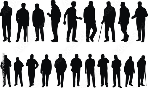 Men silhouette collection in different standing poses isolated on white background for business and people design