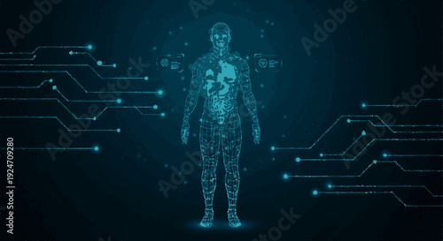 Digital human figure with circuit board pattern and glowing blue lights in futuristic technology background with concentric circles