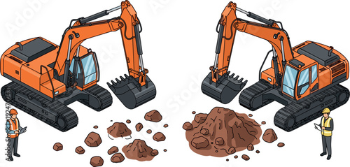 Excavator machines digging soil with engineers inspecting work, heavy construction equipment operation concept, industrial earthmoving illustration isolated on white background vector design artwork