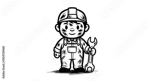Cartoon boy with wrench and helmet standing