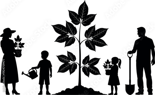 Family planting tree together, parents and children gardening, sustainability and environmental care concept, eco friendly lifestyle illustration isolated on white background vector design