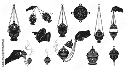 Collection of traditional oil lamps and lanterns in silhouette style