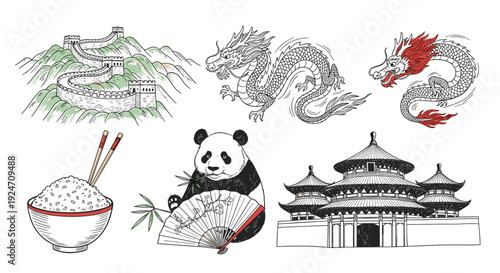 Traditional chinese ink painting with panda dragon temple and bowl