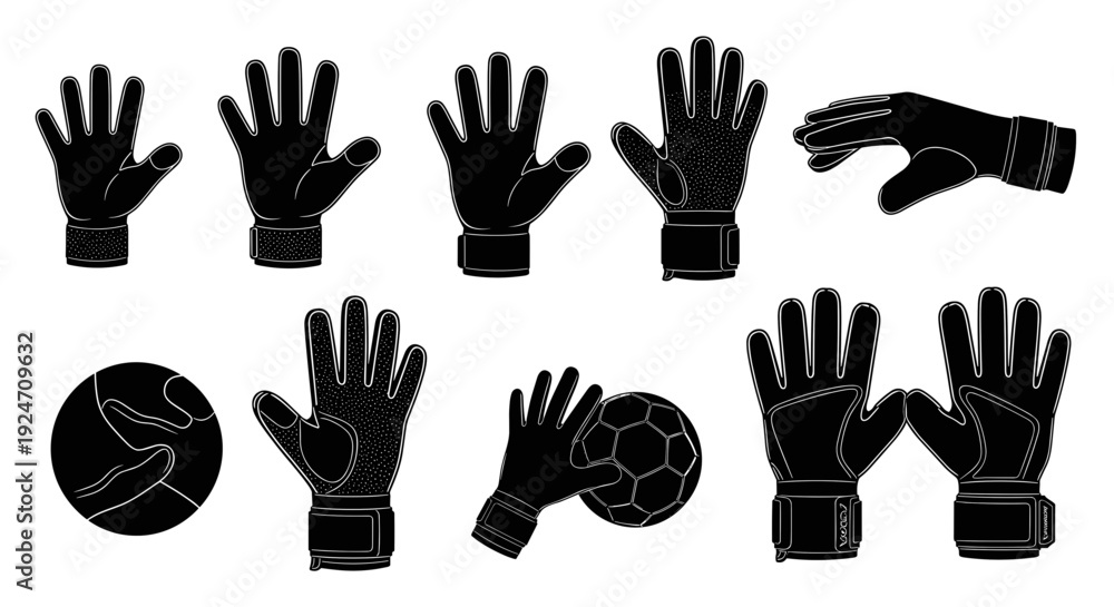 Fototapeta premium Collection of black goalkeeper gloves with soccer ball and hand gestures