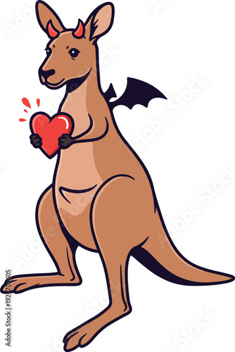 Cute Kangaroo Devil Holding Red Heart Isolated On White Vector Illustration