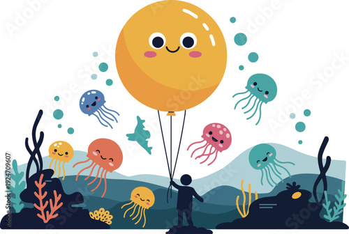 Cute Jellyfish Floating With Yellow Balloon Underwater Scene Flat Design