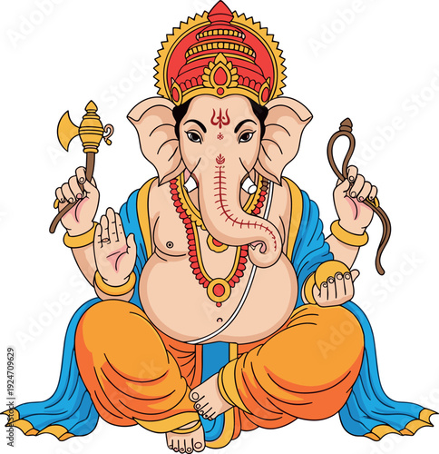 Lord Ganesha illustration in traditional Hindu style, seated elephant god with ornaments, spiritual and religious symbolism, colorful vector artwork isolated on white background