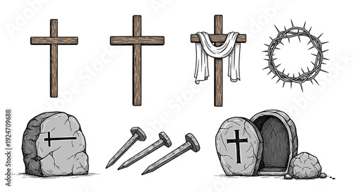 Collection of christian crosses and religious symbols on stones