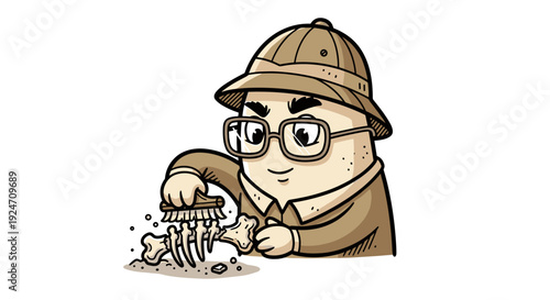 Cartoon explorer with glasses and hat examining a mushroom