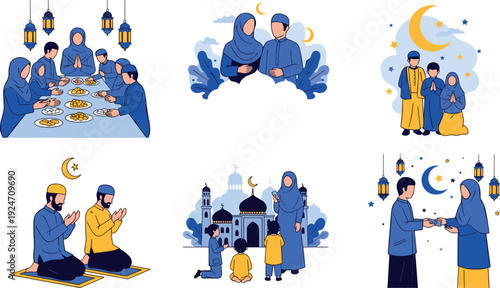 Muslim family celebrating Ramadan together, praying, sharing iftar meal and charity, Islamic holy month traditions illustration, community faith and spirituality concept on white background