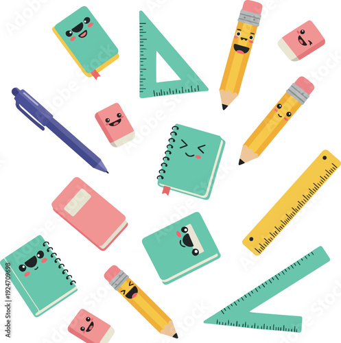 Cute Kawaii School Supplies Pattern Flat Design Vector Illustration