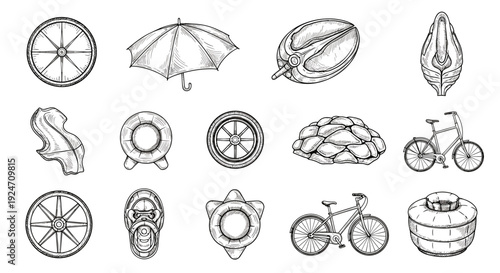 Collection of summer beach accessories and outdoor leisure items