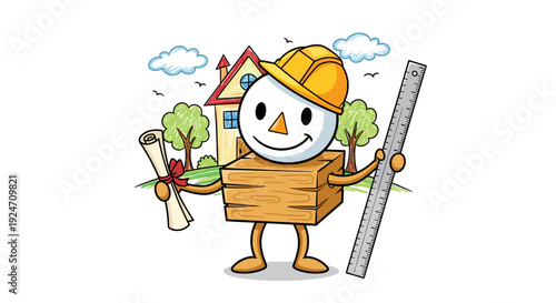 Cute cartoon character dressed as a carpenter with tools and wood