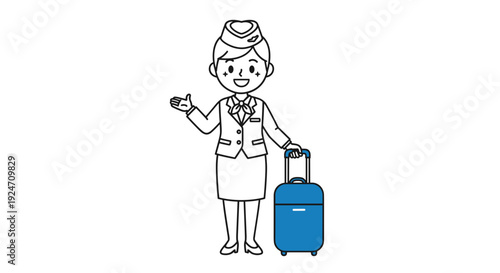 Cartoon female flight attendant with suitcase standing smiling
