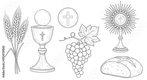 Religious symbols and elements including grapes bread and wheat