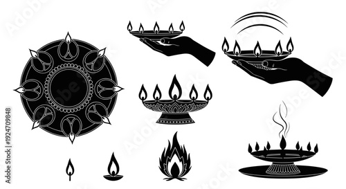 Collection of traditional oil lamps with decorative designs and flames