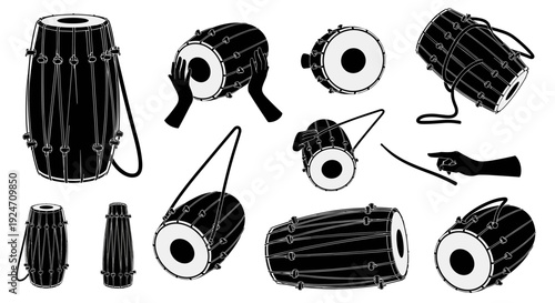Collection of black drums and percussion instruments