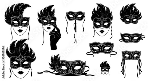 Collection of black masquerade masks with feathers and intricate designs