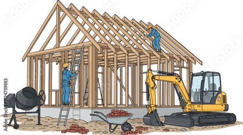 Residential house construction illustration with workers installing wooden frame and roof, heavy machinery on site, home building process concept isolated on white background