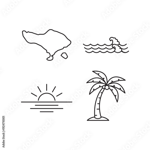 Bali Island Travel Icons Map Wave Palm Sunset Line Art Set