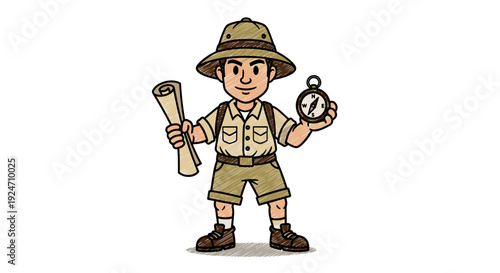 Young explorer boy dressed in safari outfit holding a map and clock