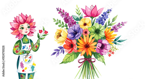 Colorful bouquet of mixed flowers with a cheerful girl illustration