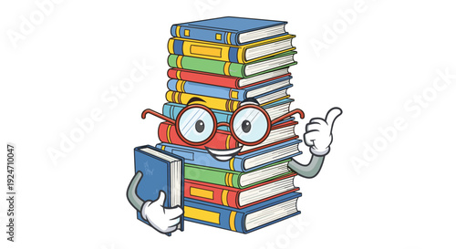 Cartoon character of a stack of books with glasses and thumbs up