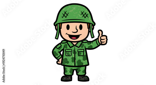 Cartoon soldier character wearing uniform and helmet giving thumbs up