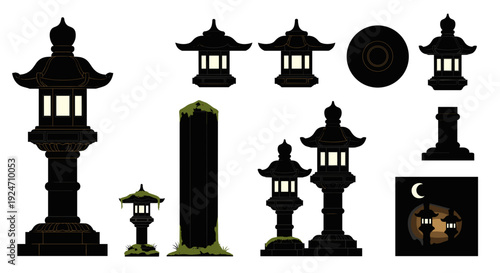 Collection of traditional asian lanterns and pagoda silhouettes