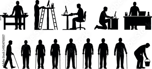 Set of human silhouettes showing different occupations, office work, craftsmanship and aging stages, professional activities and daily life concept isolated on white background illustration