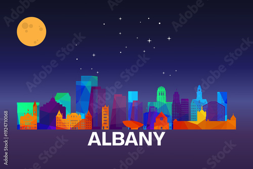 Foto Colorful geometric illustration of Albany, New York, USA skyline at night with moon and stars above