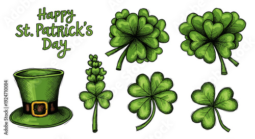 St patricks day themed illustration with shamrocks and hat